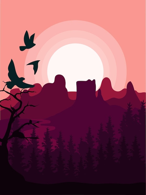 Vector paisaje montaña atardecer