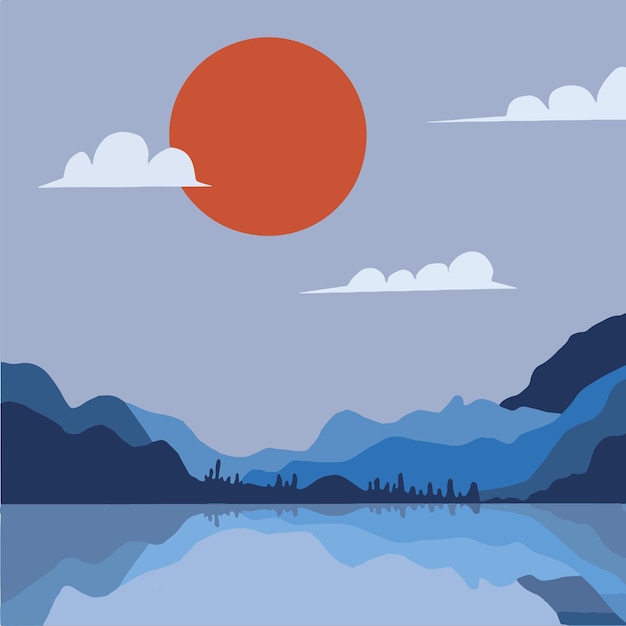 paisaje de montaña azul vectorial dibujado a mano con un sol rojo y un cielo azul con ilustración de nubes