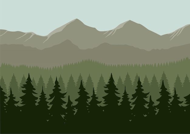 Paisaje de montaña con bosque de coníferas en estilo plano. ilustración vectorial