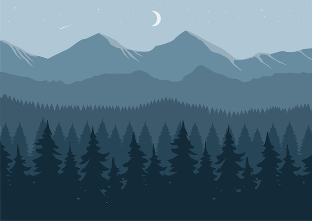 Paisaje de montaña con bosque de coníferas y luna por la noche. ilustración vectorial