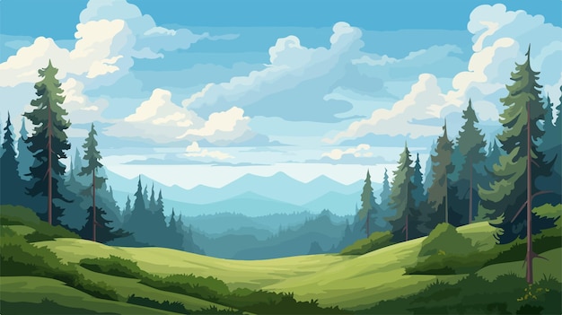 un paisaje de montaña con un bosque y montañas en el fondo