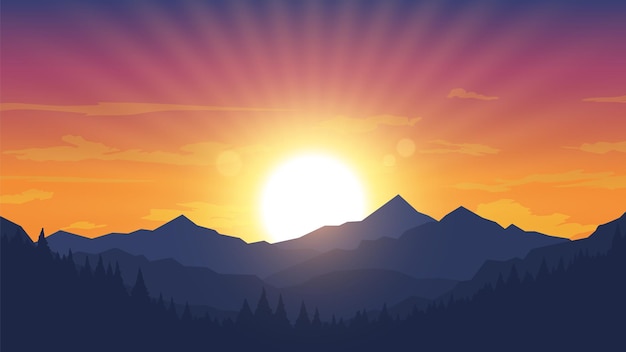 Paisaje de montaña y bosque de pinos Ilustración vectorial