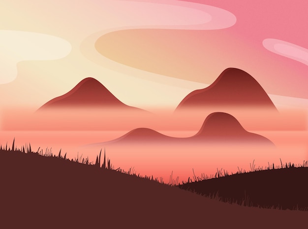 Paisaje de montaña con colinas rosadas nubes plumosas fondo vectorial de un lugar pintoresco