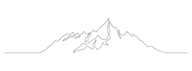 Paisaje de montaña en un dibujo de línea continua. Altos montes y picos en estilo de garabato simple. Concepto de esquí y senderismo de deportes de invierno de aventura. Ilustración vectorial lineal