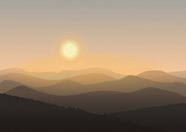 Vector paisaje de montaña de dibujos animados en la salida del sol