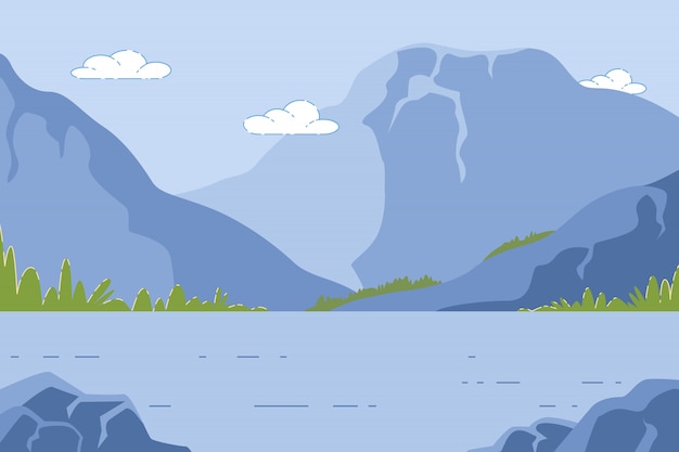 Vector paisaje de montaña con estanque, horario de verano naturaleza