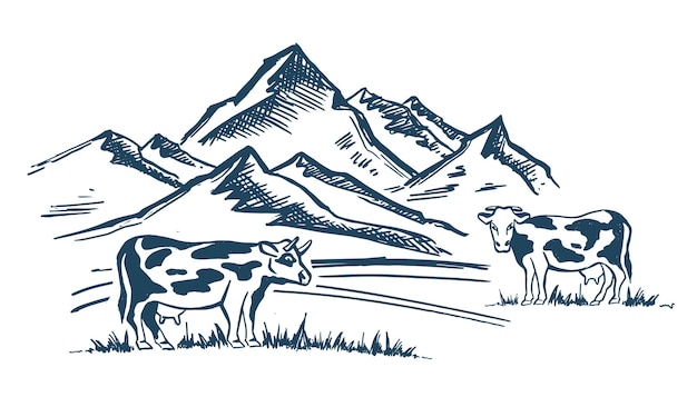 Paisaje de montaña estilo de dibujo de vaca