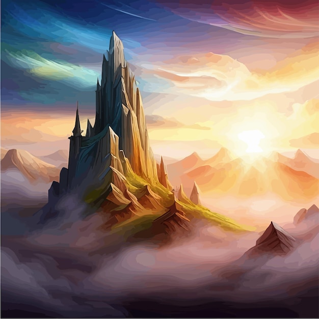 Vector paisaje de montaña de fantasía con nubes y niebla naturaleza ilustración vectorial