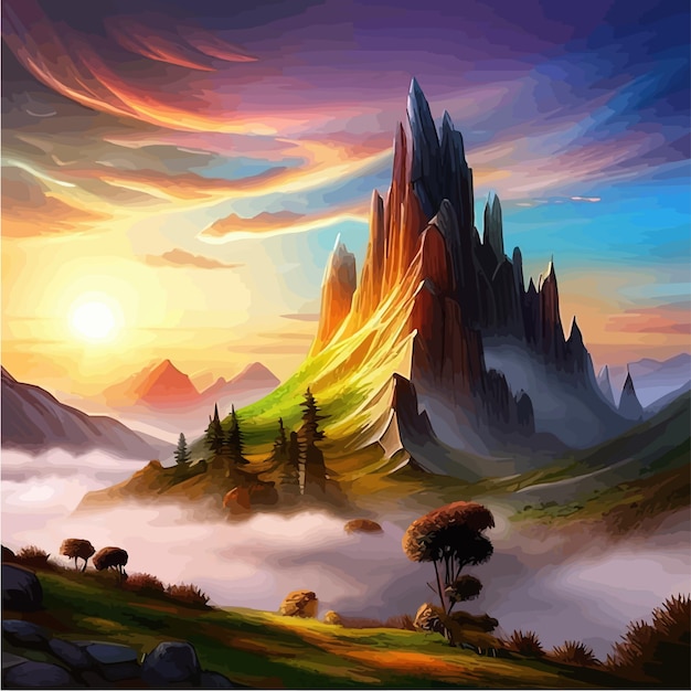 Paisaje de montaña de fantasía con nubes y niebla naturaleza ilustración vectorial