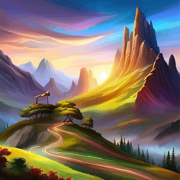 Paisaje de montaña de fantasía con nubes y niebla naturaleza ilustración vectorial