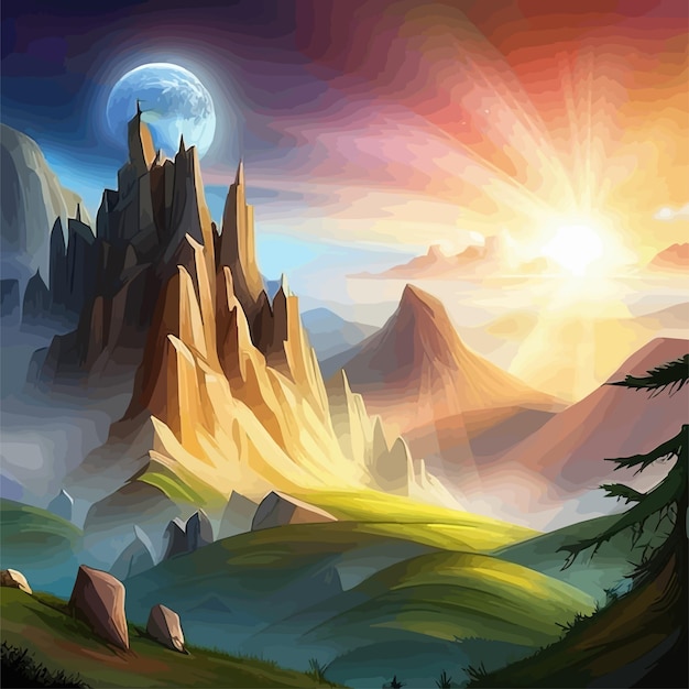 Paisaje de montaña de fantasía con nubes y niebla naturaleza ilustración vectorial