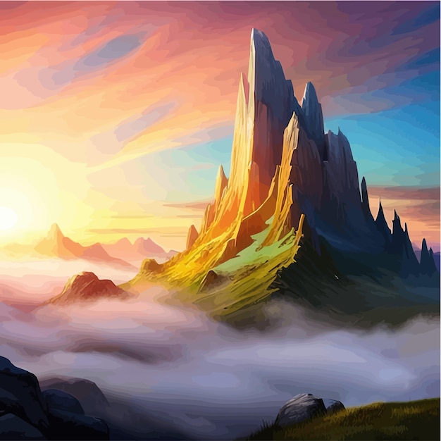 Vector paisaje de montaña de fantasía con nubes y niebla naturaleza ilustración vectorial