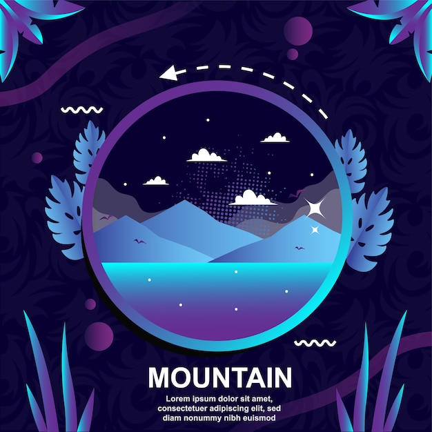 Vector paisaje de montaña en el fondo de vector de noche