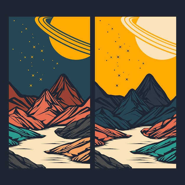 Vector paisaje de montaña y gran planeta