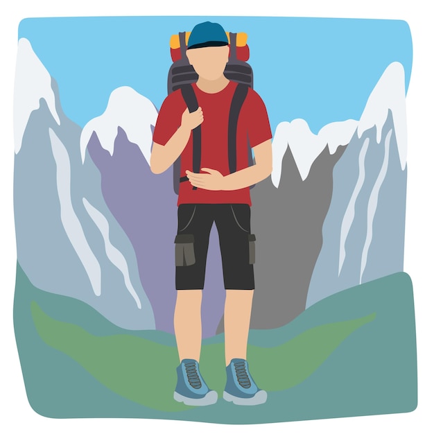 Vector paisaje de montaña con hombre excursionista en rocas ilustración de dibujos animados de vector de turista con mochila