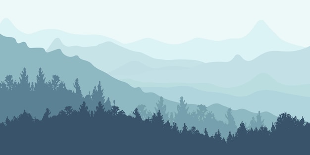 Paisaje de montaña horizontal con árboles vista panorámica de crestas y bosques en la ilustración de vectores de niebla