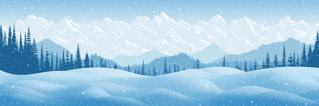 Vector paisaje de montaña de invierno ventisqueros y árboles nieva