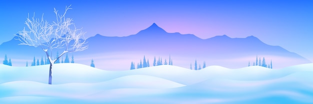 Vector paisaje de montaña de invierno con ventisqueros y luz del atardecer