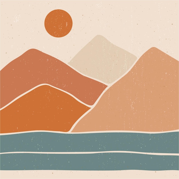 Paisaje de montaña minimalista boho con ilustración de Vector de sol