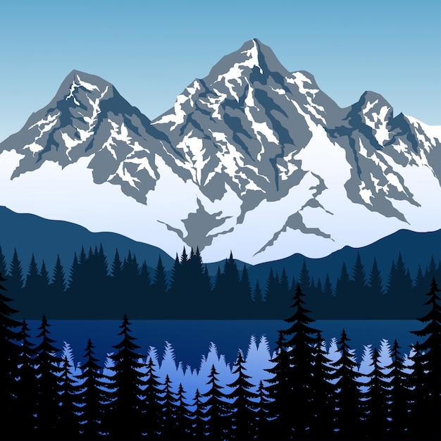 Vector paisaje de montaña con nieve, lago y pinos