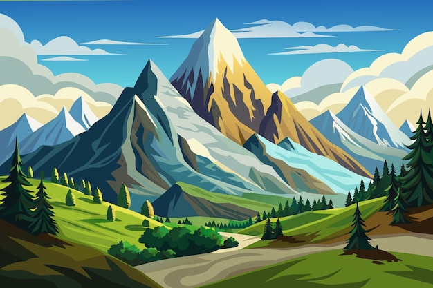 Paisaje de montaña del pico alpino con ilustración de fondo de la naturaleza en estilo de dibujos animados