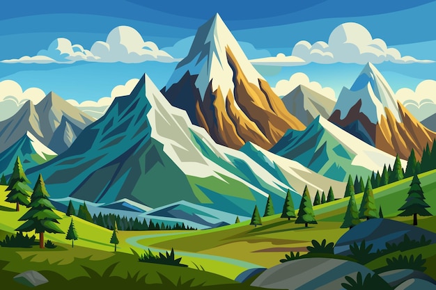 Paisaje de montaña del pico alpino con ilustración de fondo de la naturaleza en estilo de dibujos animados