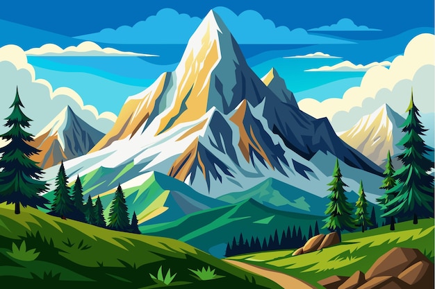 Paisaje de montaña del pico alpino con ilustración de fondo de la naturaleza en estilo de dibujos animados