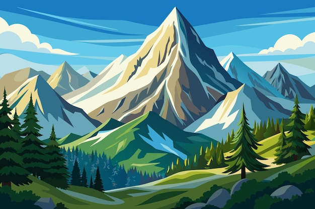 Paisaje de montaña del pico alpino con ilustración de fondo de la naturaleza en estilo de dibujos animados