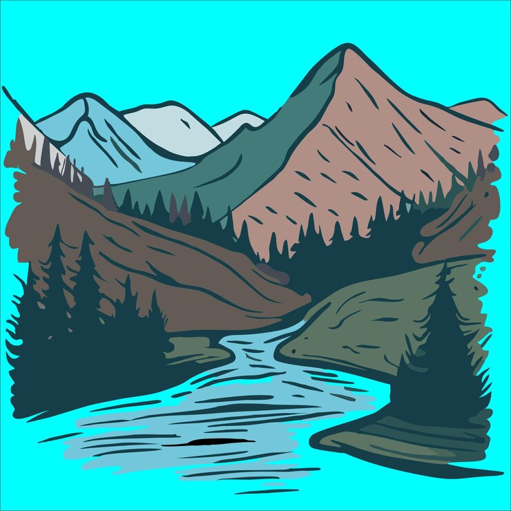 Un paisaje de montaña con un río y montañas al fondo.