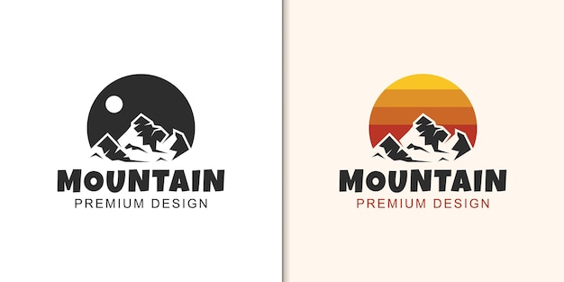 Paisaje de montaña de roca con diseño de logotipo de sol para aislado, aventura al aire libre, logotipo de senderismo de viaje