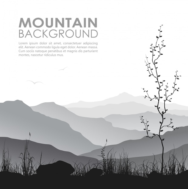 Paisaje de montaña con siluetas de césped y árboles.