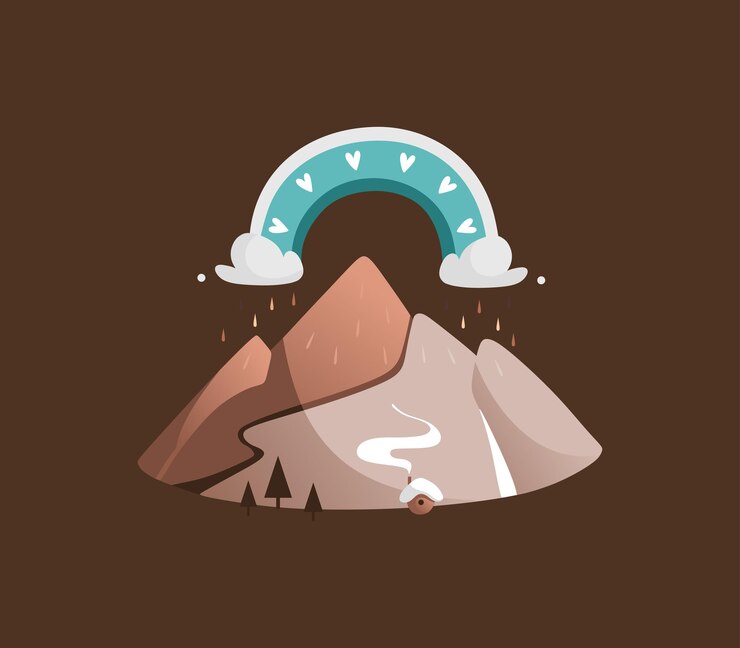 Vector paisaje de montaña de vector marrón con montañas y arco iris turquesa