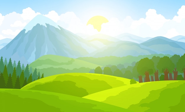 Paisaje de montaña de verano. Ilustración de vector de valle verde