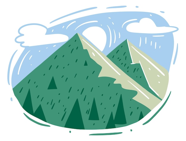 Paisaje de montaña verde con nubes y sol, diseño de ilustraciones