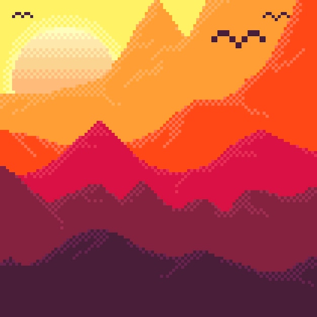 Paisaje de montañas al atardecer con pájaros volando alrededor de pixel art