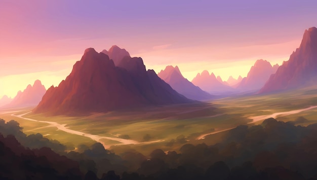 Paisaje de montañas durante el atardecer o el amanecer Ilustración detallada de pintura dibujada a mano