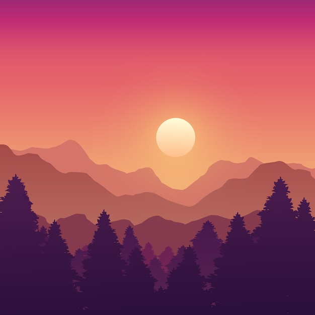 Vector paisaje de montañas y bosques con árboles en sunset