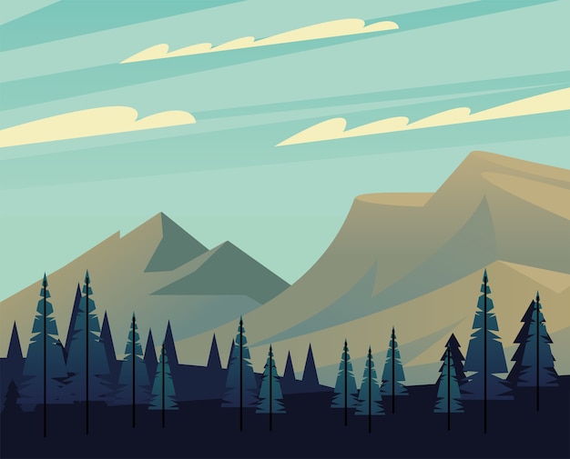 Paisaje de montañas y diseño de pinos, naturaleza y tema al aire libre.