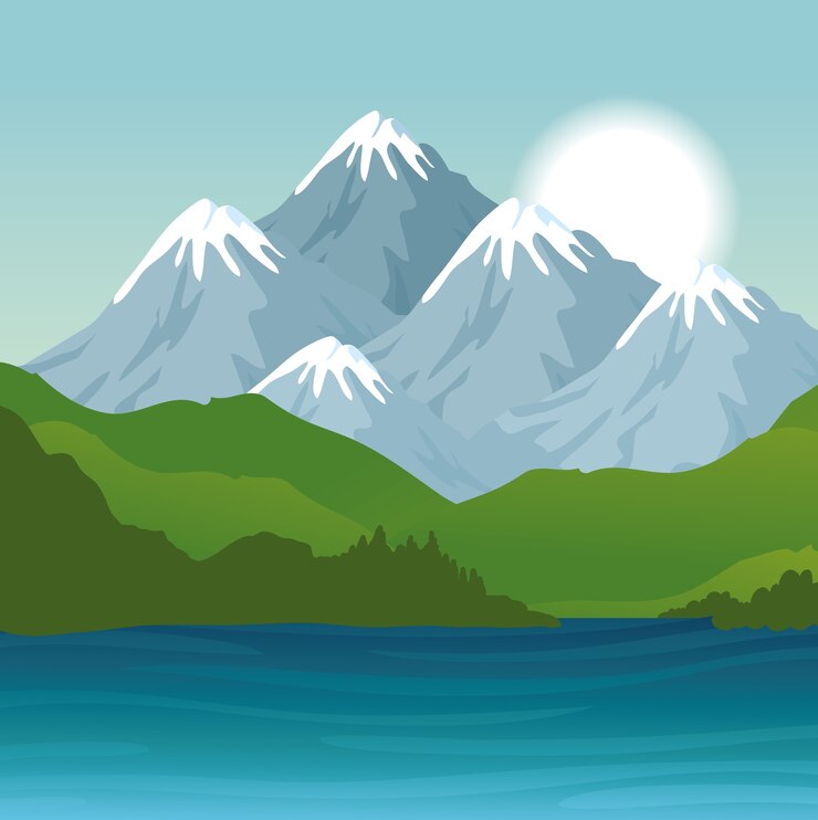 Vector paisaje de montañas y diseño de río, naturaleza y al aire libre