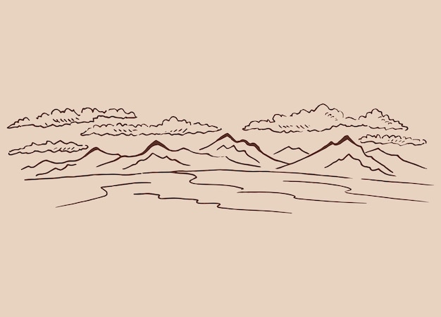 Paisaje con montañas Ilustración dibujada a mano convertida en vector