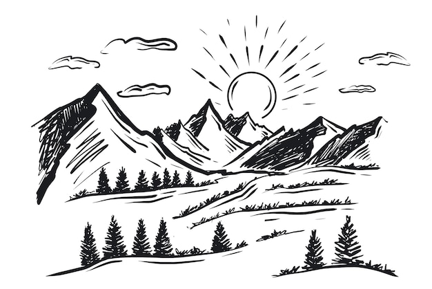 Paisaje montañas Ilustración dibujada a mano