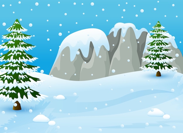 Paisaje de montañas de invierno con abetos y nieve que cae