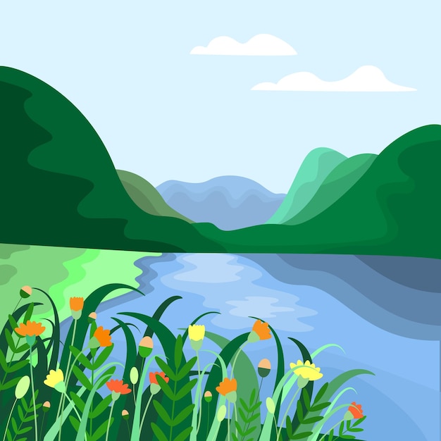 Vector paisaje con montañas y lago y flores.