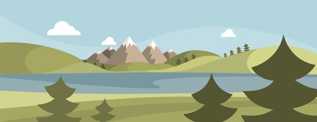 Paisaje de montañas y lagos. fondo de diseño plano. ilustración vectorial
