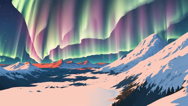 Paisaje de montañas nevadas con luces de aurora en el cielo nocturno ilustración de pintura dibujada a mano