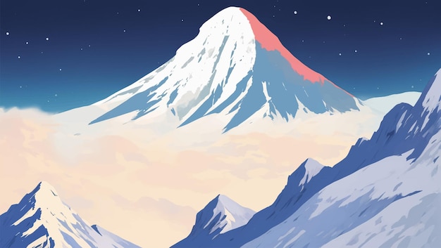 Paisaje de montañas nevadas en la noche con colores vibrantes Ilustración de pintura dibujada a mano