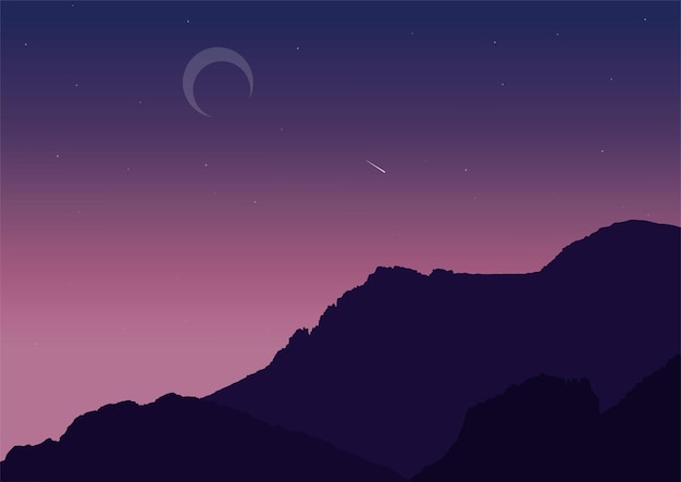 Paisaje de montañas en la noche con ilustración de vector de luna