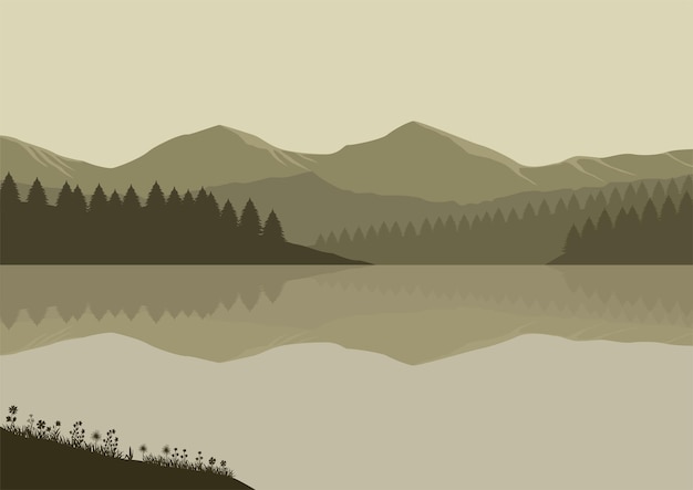 Paisaje de montañas con siluetas de lago y bosque. ilustración vectorial