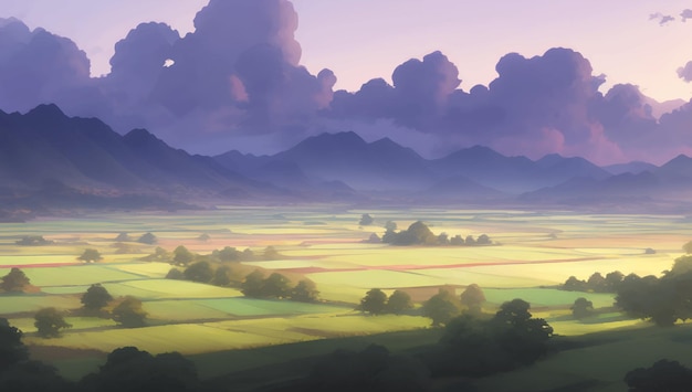 Paisaje de montañas y tierras de cultivo durante la puesta de sol o el amanecer Ilustración detallada de pintura dibujada a mano