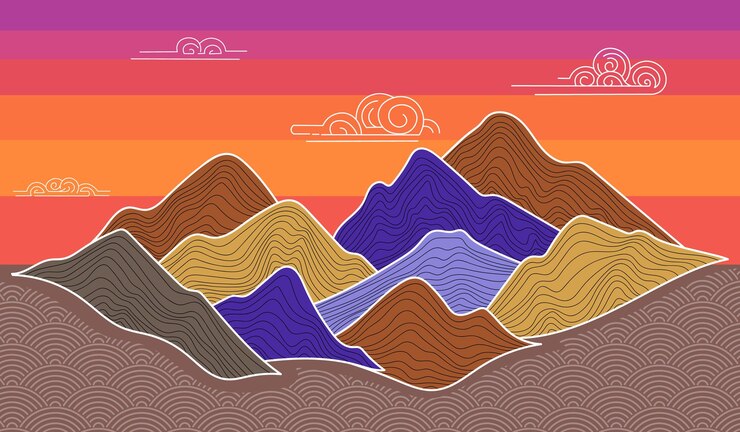 un paisaje montañoso colorido con un cielo colorido y nubes en el fondo